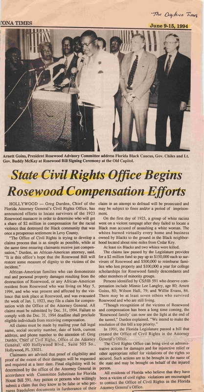 Newspaper Article:  The Daytona Times - State Civils Rights Office Begins Rosewood Compensation Efforts