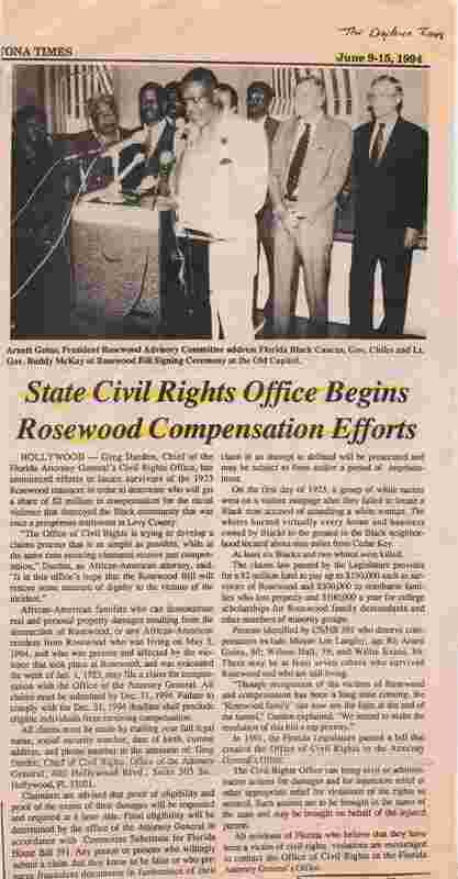 Newspaper Article: State Civils Rights Office Begins Rosewood Compensation Efforts 