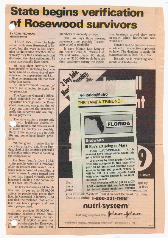 Newspaper Article: State Begins Verification of Rosewood Survivors 