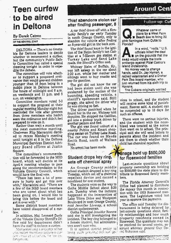 Newspaper Article: Sun-Sentinel - Snags Hold Up $500,000 for Rosewood Families